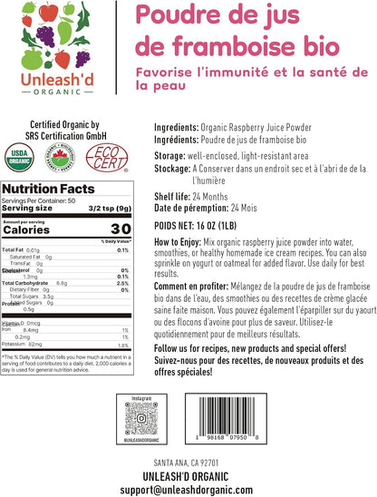 Unleash’d Organic Organic Raspberry Juice Powder 16oz – 100% Pure Superfood, Antioxidant-Rich & Nutrient-Dense - PrimeBioHealth - canada supplements