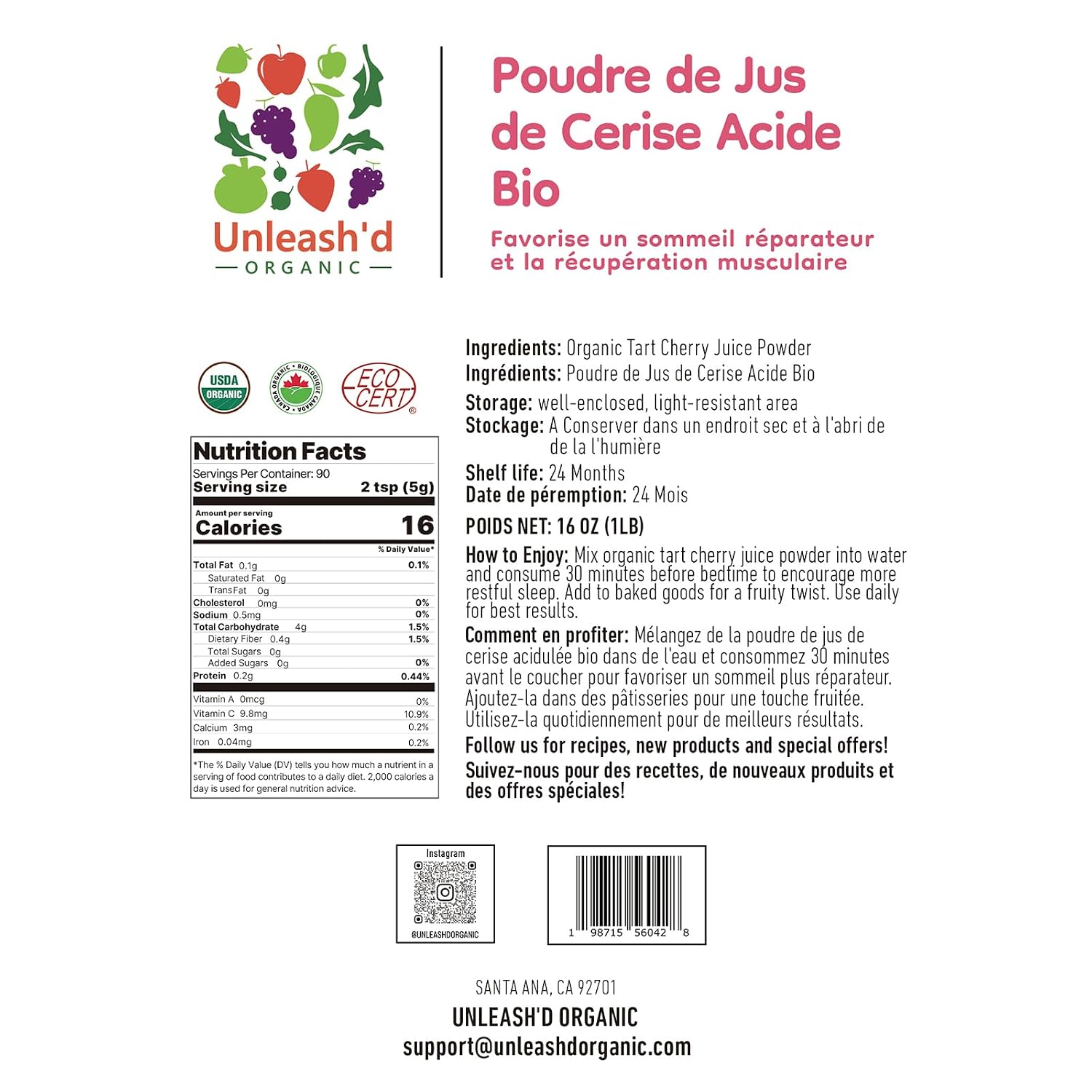 UNLEASH'D ORGANIC Organic Tart Cherry Juice Powder 16 oz – 100% Pure Natural Superfood, Rich in Antioxidants & Vitamins - PrimeBioHealth - canada supplements
