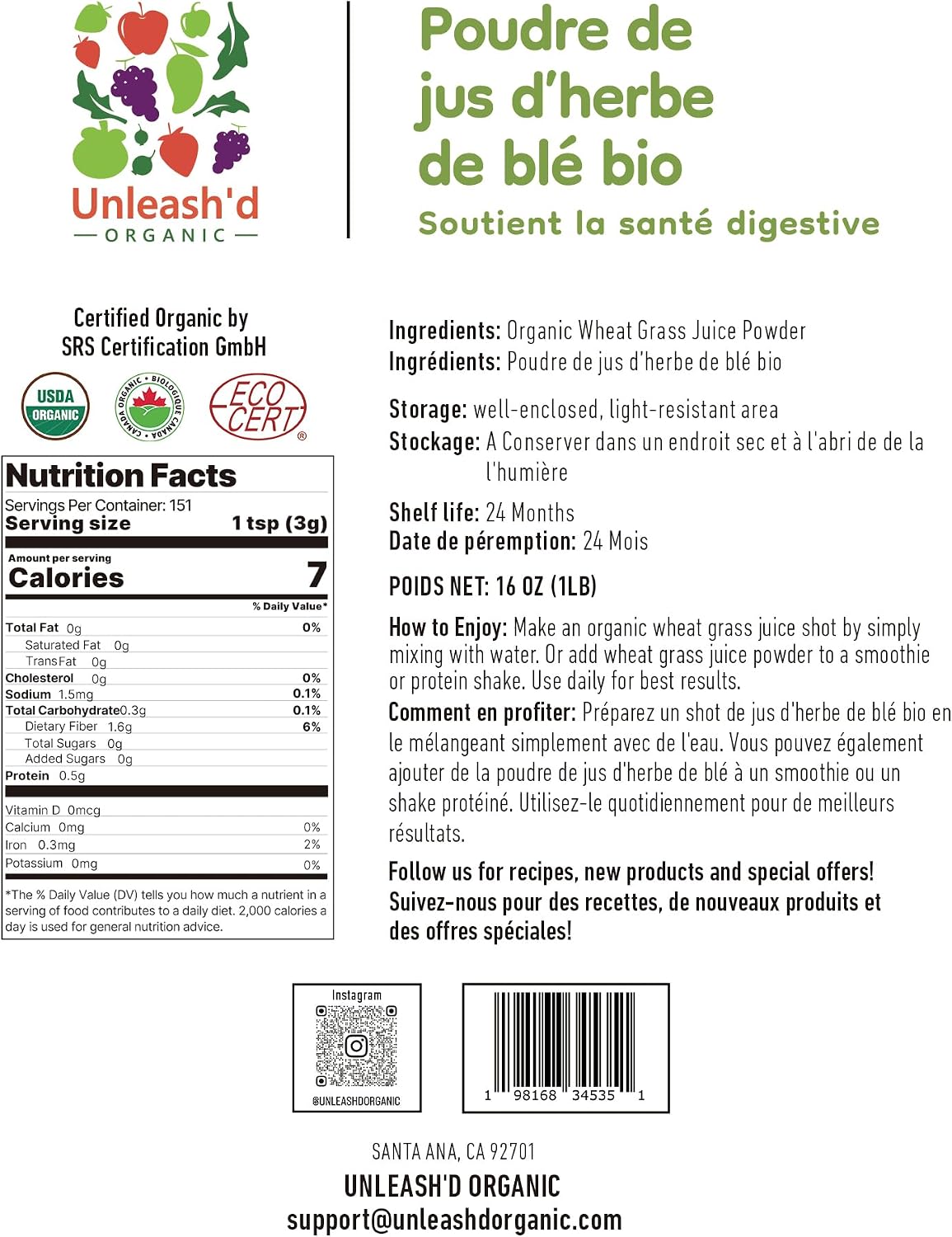 UNLEASH'D ORGANIC Organic Wheatgrass Juice Powder 16oz – 100% Pure Superfood, Immune & Energy Boost, Detox Support - PrimeBioHealth - canada supplements