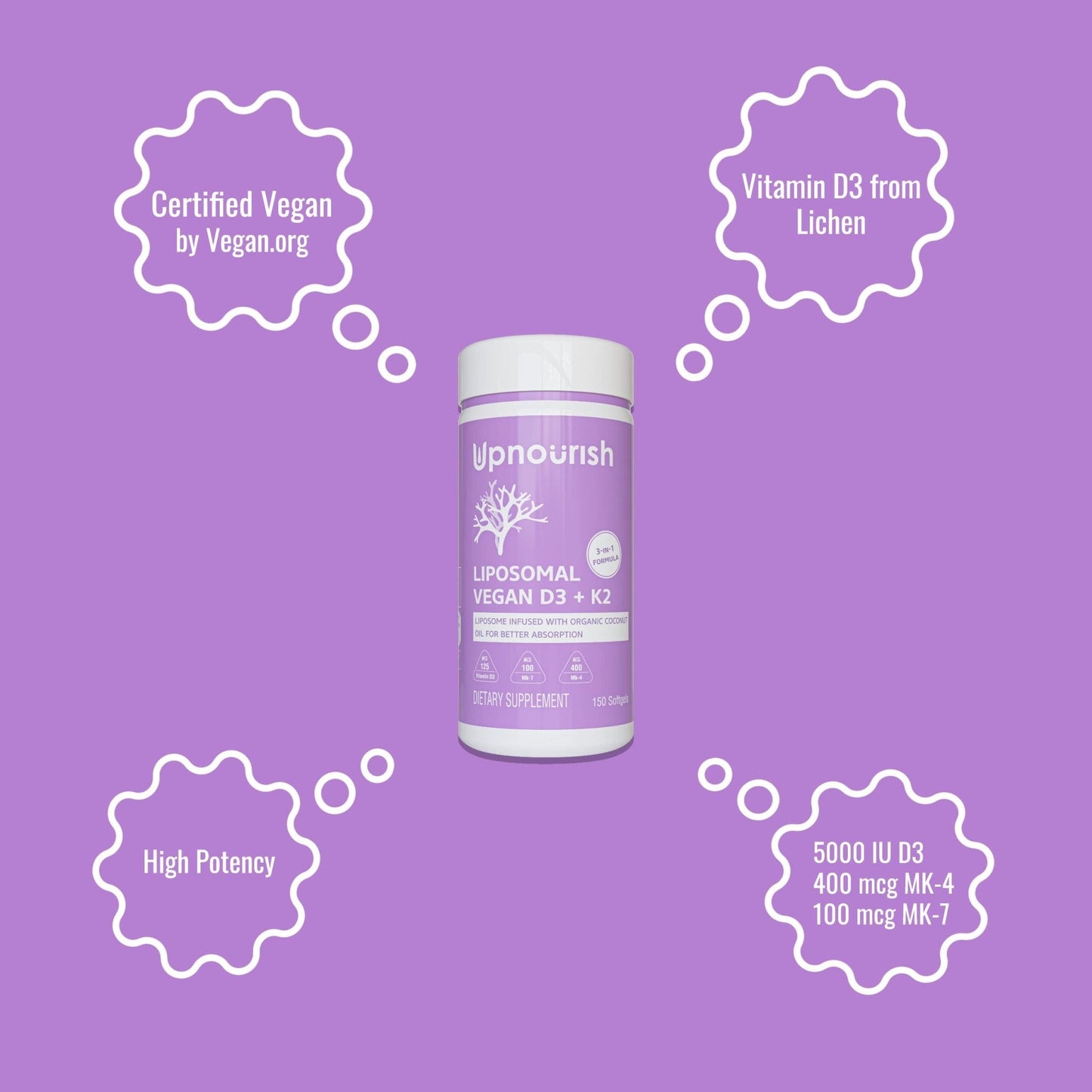 UpNourish Certified Vegan Vitamin D3 5000 IU K2 MK4 MK7 500 mcg Supplement, 150 Softgels, Plant Based Liposomal Vitamin D K with Organic - PrimeBioHealth - canada supplements