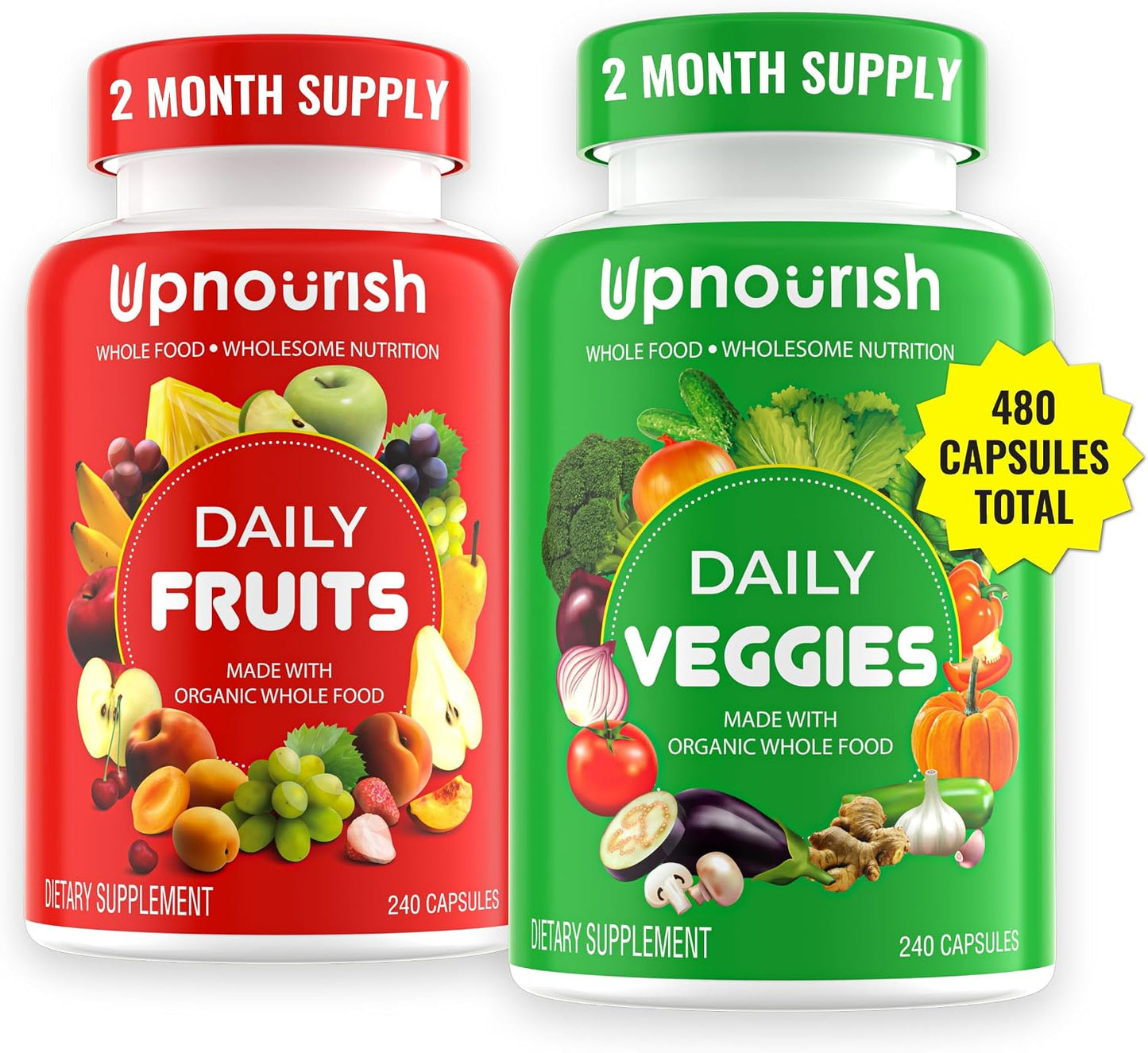 UpNourish Organic Fruits and Veggies Supplement - Support Diet Balance, Body Cleanse & Energy - 480 Fruits and Super Greens Capsules from Nature - Fruit and Vegetable Supplements for Adults & Kids - PrimeBioHealth - canada supplements