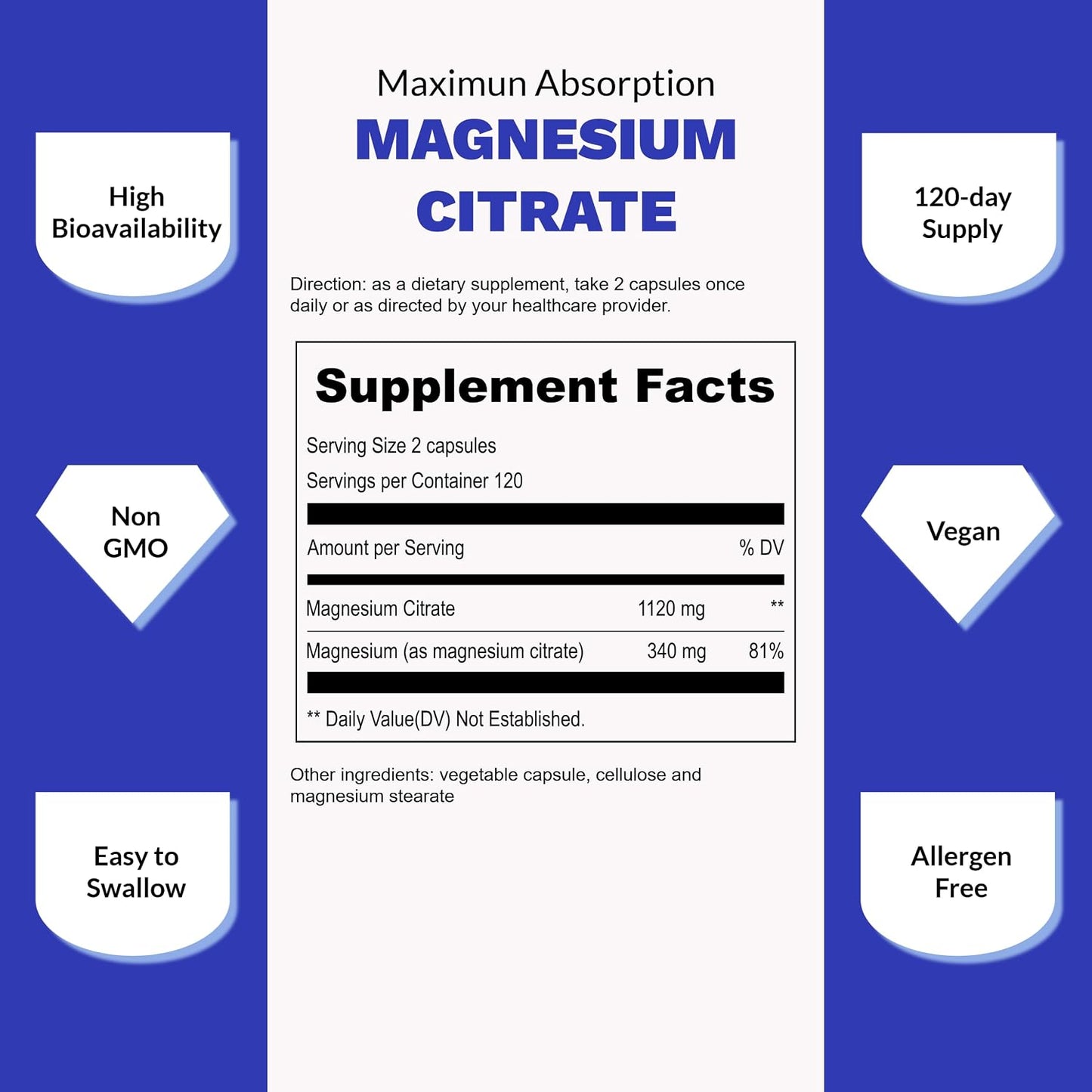 UpNourish Pure Magnesium Citrate (Citrato de Magnesio) 1120mg, 240 Capsules - High Absorption Magnesium Supplement for Women & Men - Natural Calm Magnesium for Constipation, Relax, Cramp Defense - PrimeBioHealth - canada supplements