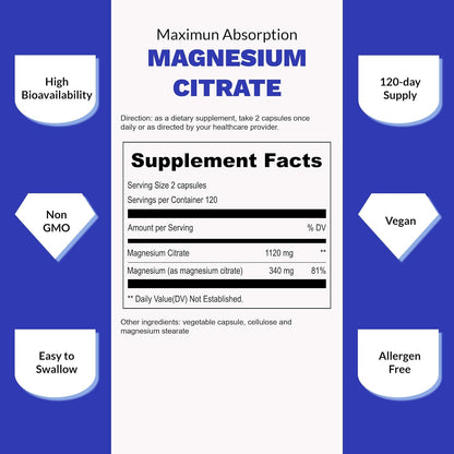 UpNourish Pure Magnesium Citrate (Citrato de Magnesio) 1120mg, 240 Capsules - High Absorption Magnesium Supplement for Women & Men - Natural Calm Magnesium for Constipation, Relax, Cramp Defense - PrimeBioHealth - canada supplements