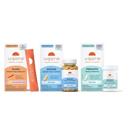 Uqora Complete Regimen with Flush, Defend & Promote - Urinary Tract Support with D-Mannose, Vitamin C, Green Tea Extract, Probiotics & More - Comprehensive Bladder Health Support* - 3-Part Bundle - PrimeBioHealth - canada supplements
