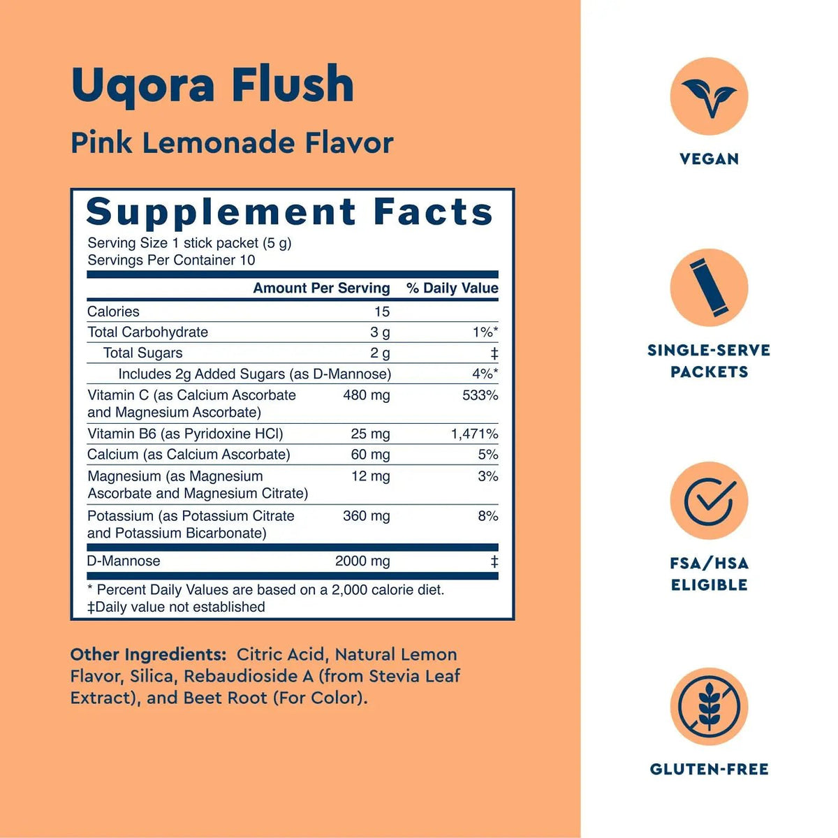 Uqora Flush - Urinary Tract* with D-Mannose, Vitamin C, Vitamin B6, Potassium, Magnesium & Calcium - Gluten-Free & Vegan - Pink Lemonade Flavor - 10 Packets (1 Pack) - PrimeBioHealth - canada supplements