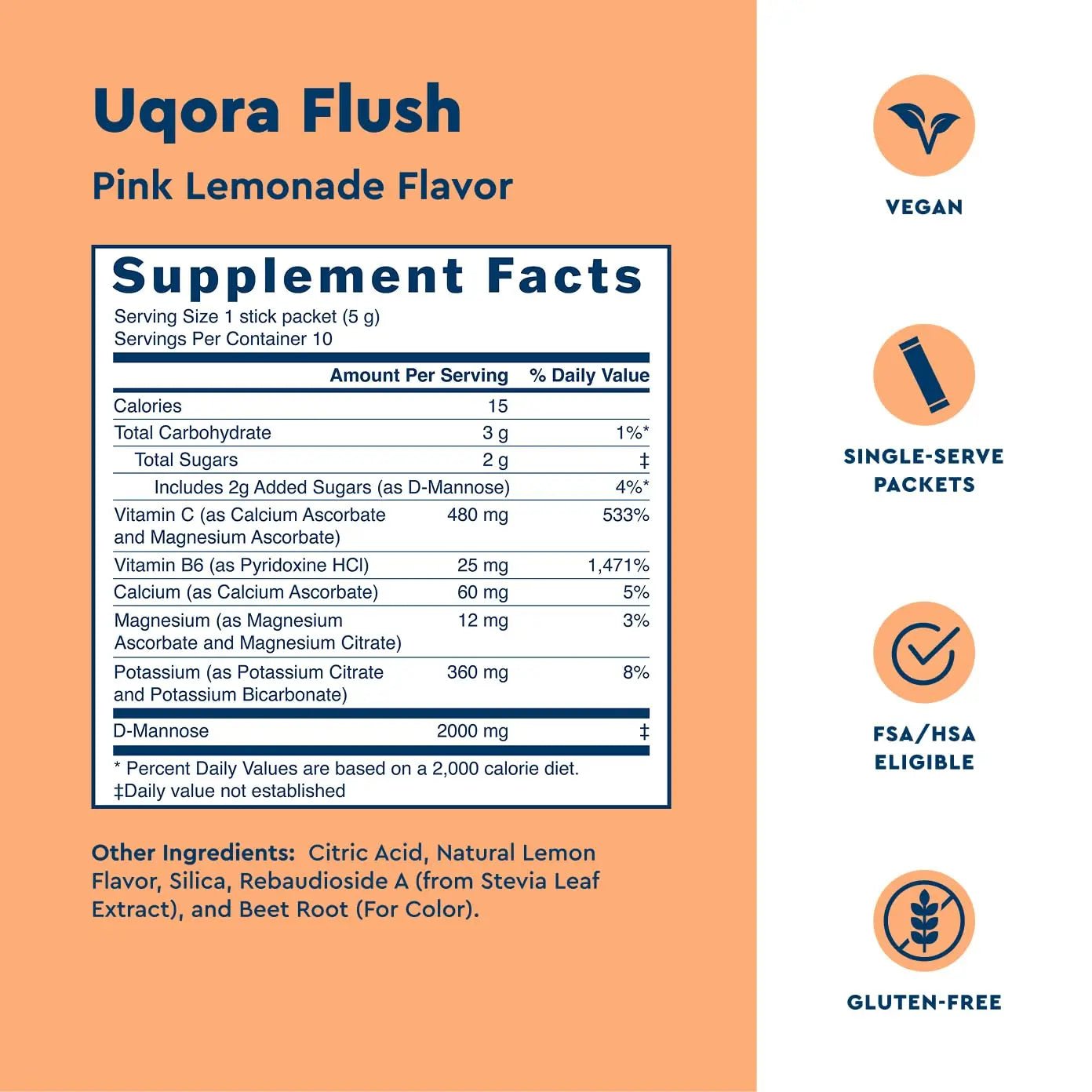 Uqora Flush - Urinary Tract* with D-Mannose, Vitamin C, Vitamin B6, Potassium, Magnesium & Calcium - Gluten-Free & Vegan - Pink Lemonade Flavor - 10 Packets (1 Pack) - PrimeBioHealth - canada supplements