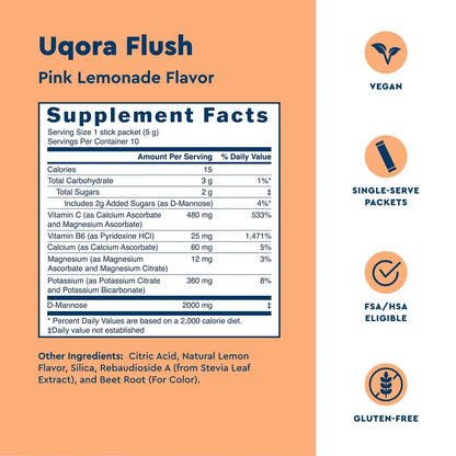 Uqora Flush - Urinary Tract* with D-Mannose, Vitamin C, Vitamin B6, Potassium, Magnesium & Calcium - Gluten-Free & Vegan - Pink Lemonade Flavor - 10 Packets (1 Pack) - PrimeBioHealth - canada supplements