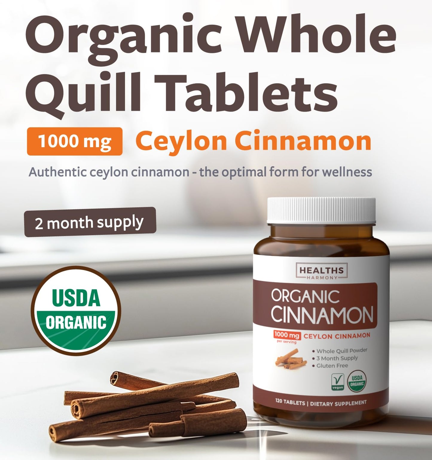 USDA Organic Ceylon Cinnamon Pills - High Potency Ceylon Cinnamon Supplement with 1000mg per Serving for Full Body Antioxidant Support - Vegan Non-GMO cGMP Made & Lab Verified (2 Months Supply) - PrimeBioHealth - canada supplements
