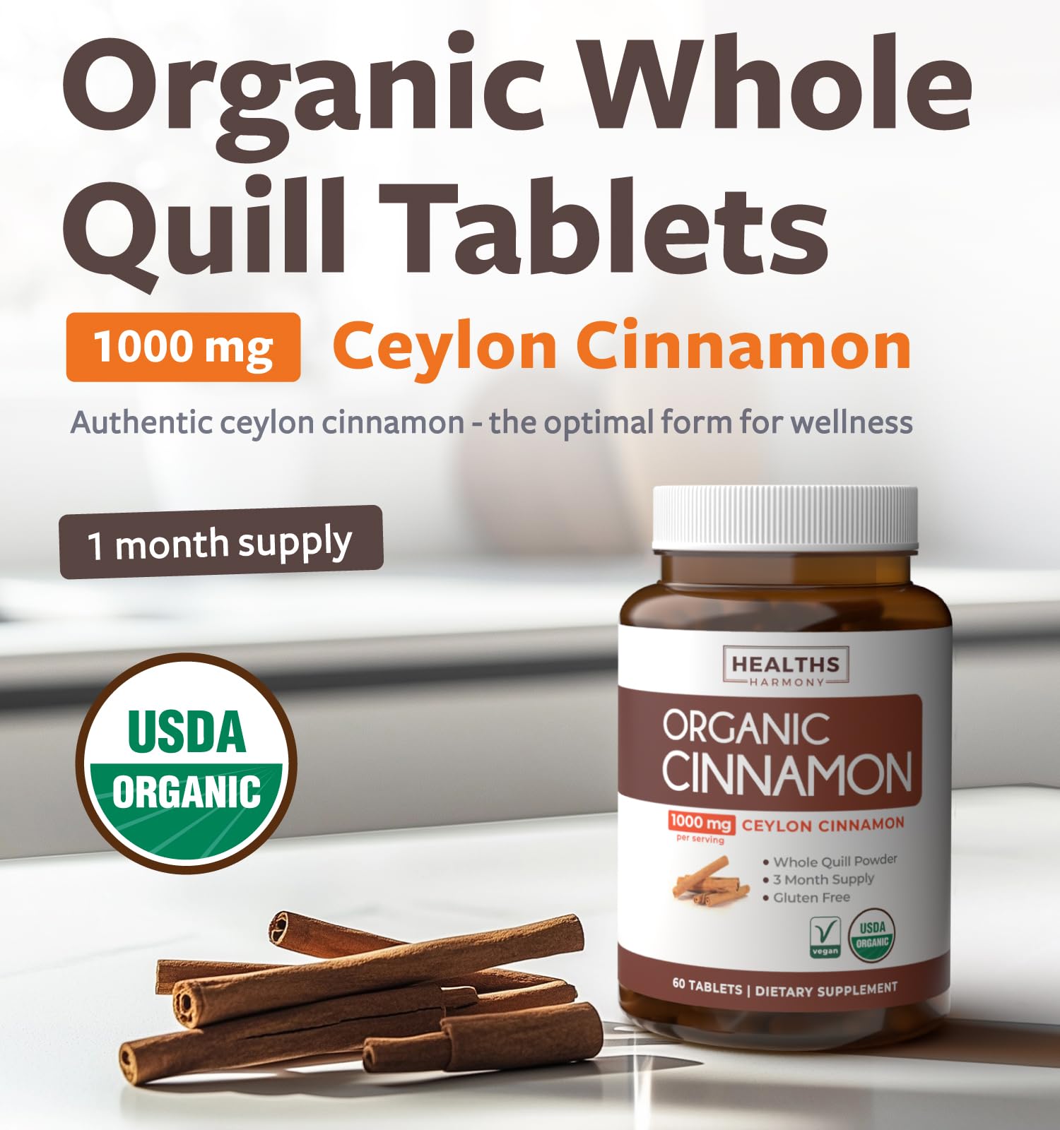 USDA Organic Ceylon Cinnamon Pills - High Potency Ceylon Cinnamon Supplement with 1000mg per Serving for Full Body Antioxidant Support - Vegan Non-GMO cGMP Made & Lab Verified (2 Months Supply) - PrimeBioHealth - canada supplements