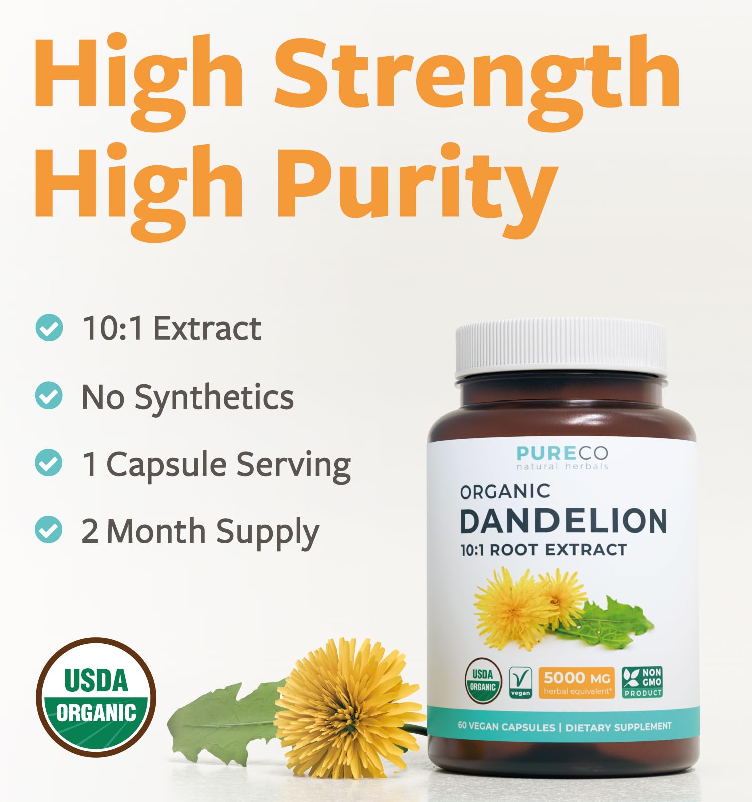 USDA Organic Dandelion Root Extract - High Potency 10:1 Dandelion Root Supplement with 5000mg Herbal Equivalent Strength for Liver Cleanse Detox & Repair Support - Vegan & Non-GMO (2 Month Supply) - PrimeBioHealth - canada supplements