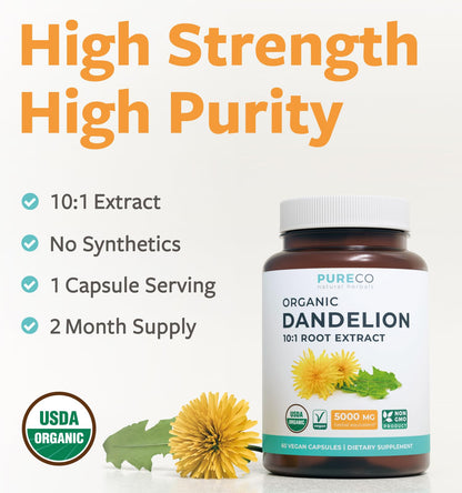 USDA Organic Dandelion Root Extract - High Potency 10:1 Dandelion Root Supplement with 5000mg Herbal Equivalent Strength for Liver Cleanse Detox & Repair Support - Vegan & Non-GMO (2 Month Supply) - PrimeBioHealth - canada supplements