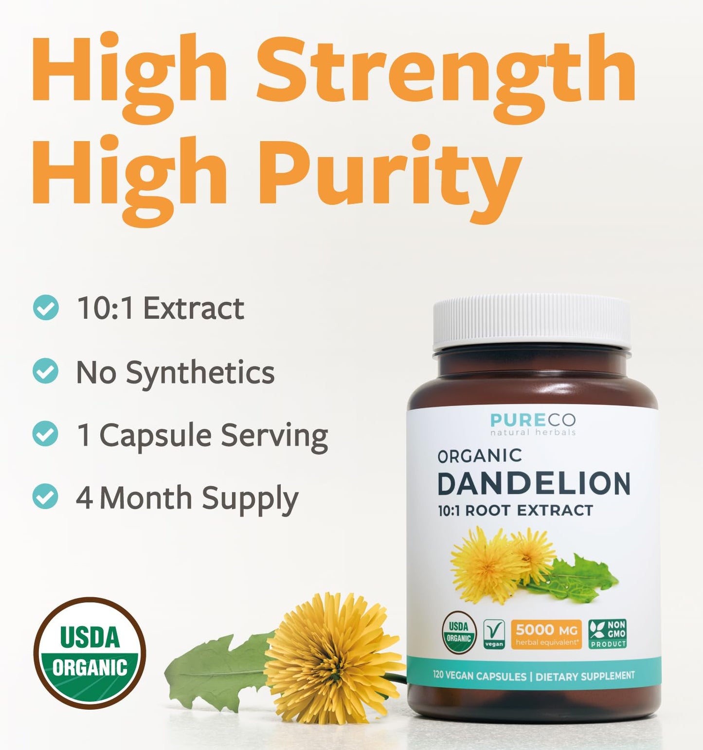 USDA Organic Dandelion Root Extract - High Potency 10:1 Dandelion Root Supplement with 5000mg Herbal Equivalent Strength for Liver Cleanse Detox & Repair Support - Vegan & Non-GMO (2 Month Supply) - PrimeBioHealth - canada supplements