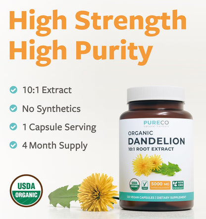 USDA Organic Dandelion Root Extract - High Potency 10:1 Dandelion Root Supplement with 5000mg Herbal Equivalent Strength for Liver Cleanse Detox & Repair Support - Vegan & Non-GMO (2 Month Supply) - PrimeBioHealth - canada supplements