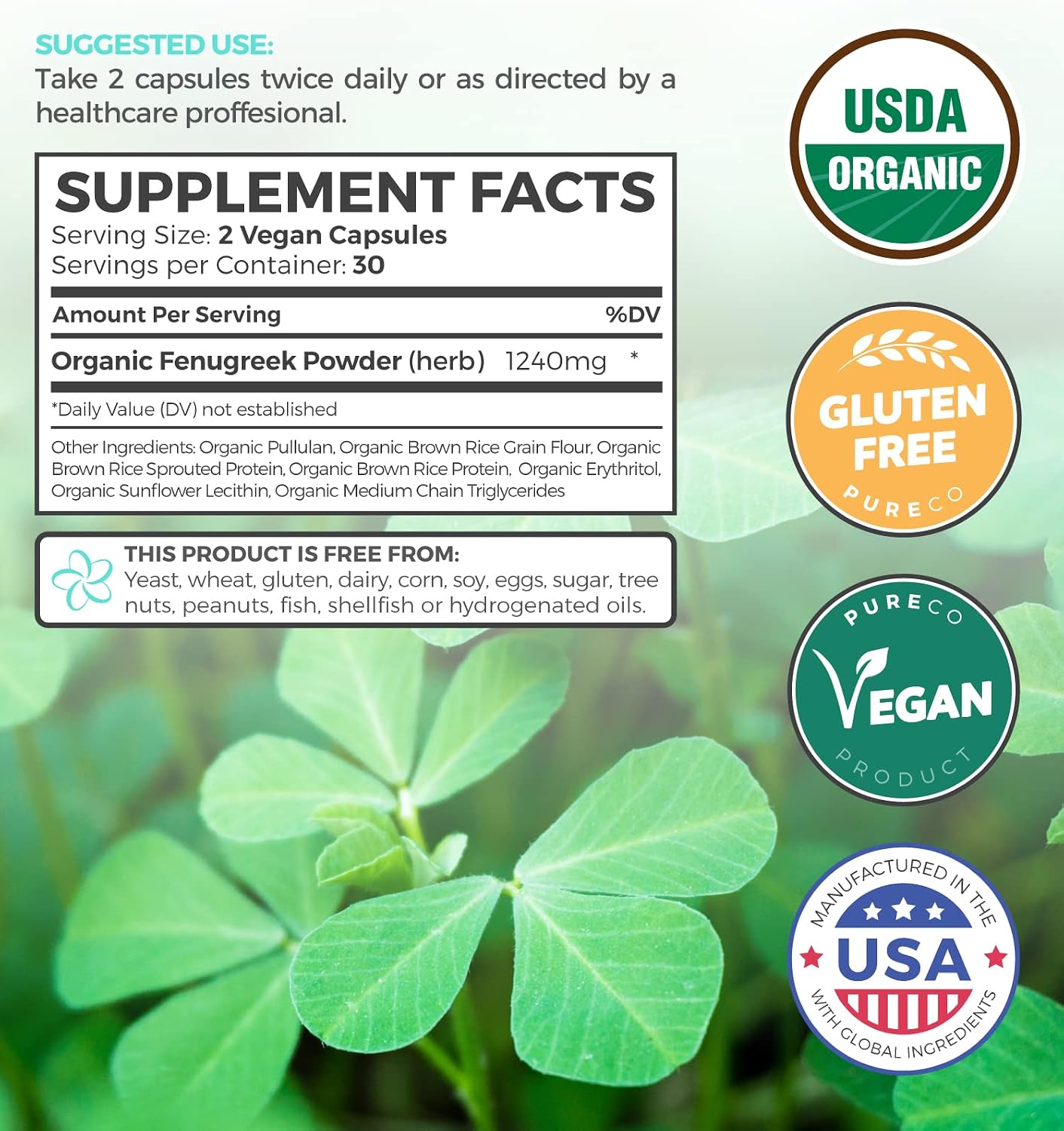 USDA Organic Fenugreek Capsules for Women - Effective Lactation Supplement for Increased Breast Milk Supply - Herbal Breastfeeding Support for Mothers - Gluten Free - 60 Vegan Capsules (No Pills) - PrimeBioHealth - canada supplements