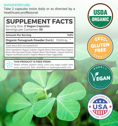USDA Organic Fenugreek Capsules for Women - Effective Lactation Supplement for Increased Breast Milk Supply - Herbal Breastfeeding Support for Mothers - Gluten Free - 60 Vegan Capsules (No Pills) - PrimeBioHealth - canada supplements