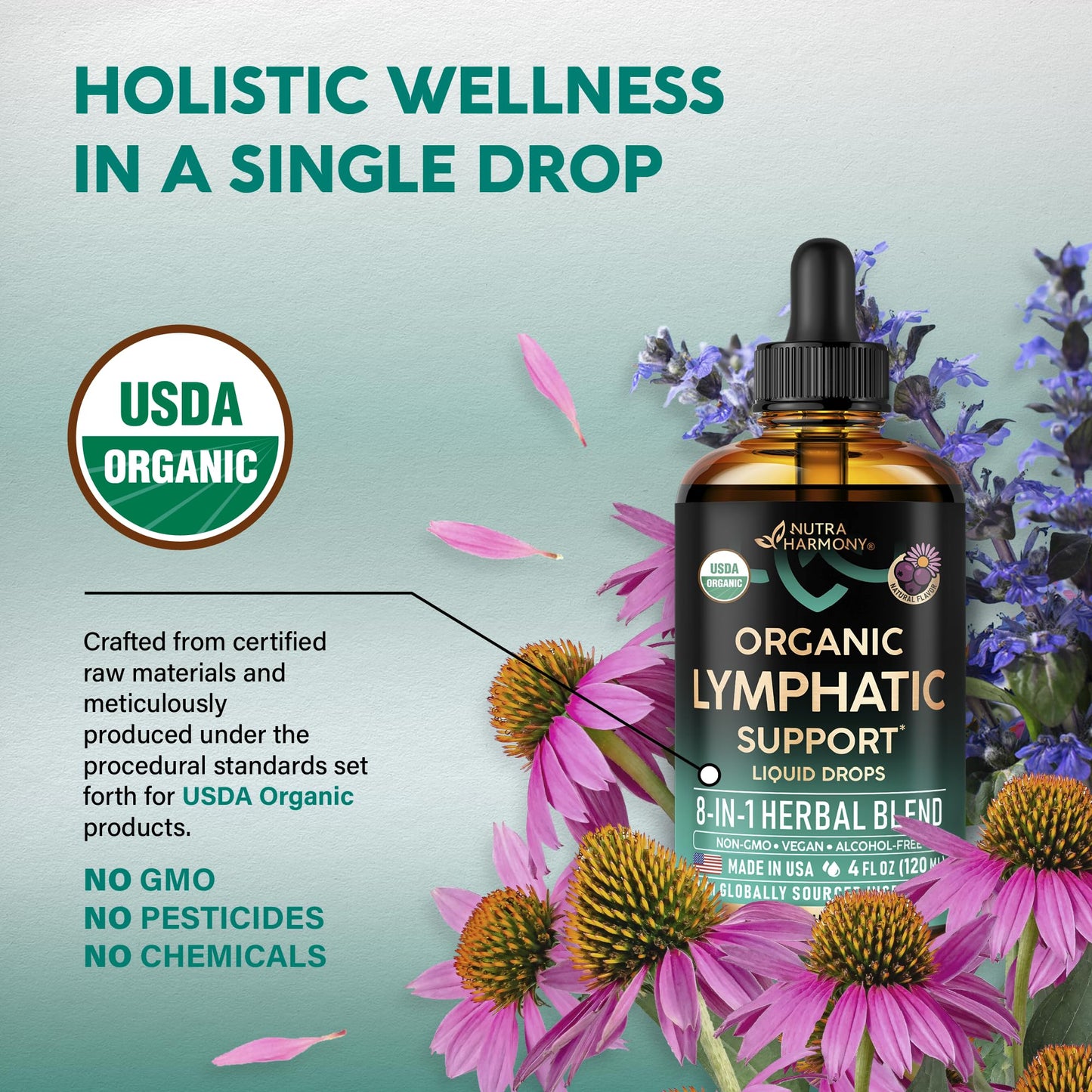 USDA Organic Lymphatic Drainage Supplement - Echinacea | Elderberry | Dandelion | Rosehip | Cleavers | Calendula | Burdock - Made in USA - Lymph System Drops - PrimeBioHealth - canada supplements
