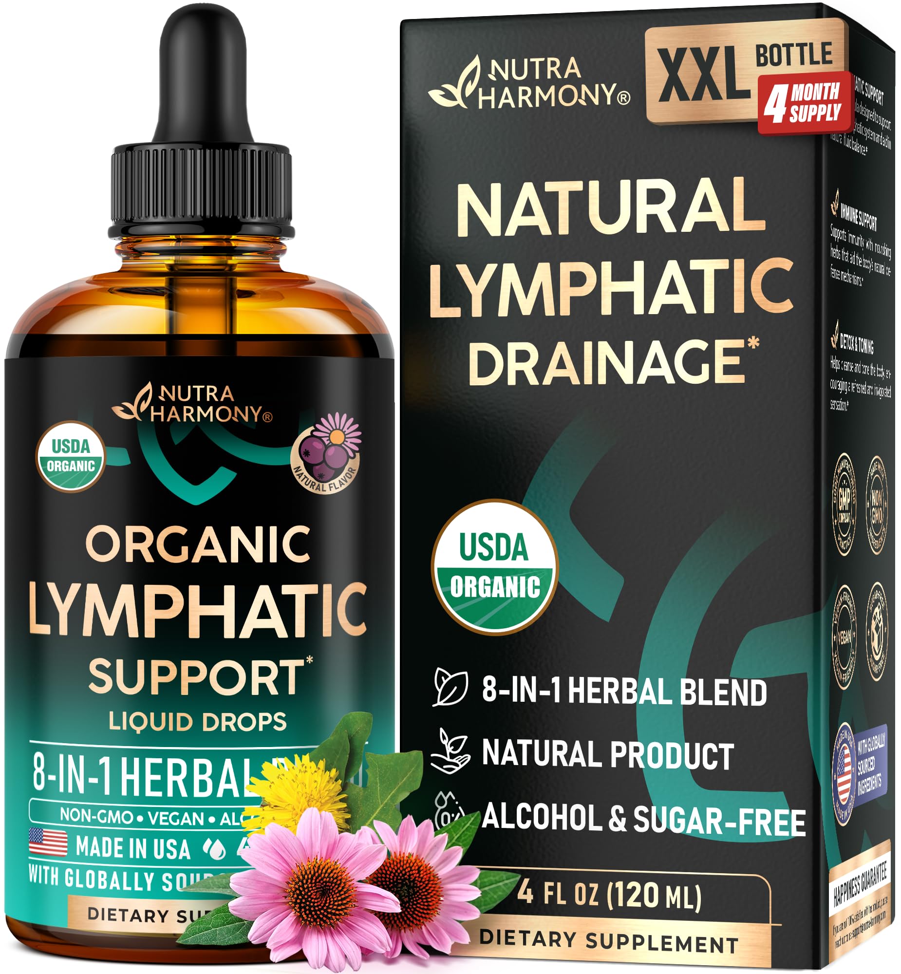 USDA Organic Lymphatic Drainage Supplement - Echinacea | Elderberry | Dandelion | Rosehip | Cleavers | Calendula | Burdock - Made in USA - Lymph System Drops - PrimeBioHealth - canada supplements