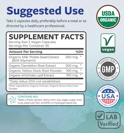USDA Organic Milk Thistle and Dandelion Root - Silymarin Milk Thistle Liver Detox Cleanse Formula with Artichoke Extract for Comprehensive Liver Support - Vegan Non-GMO & Lab Verified (1 Month Supply) - PrimeBioHealth - canada supplements