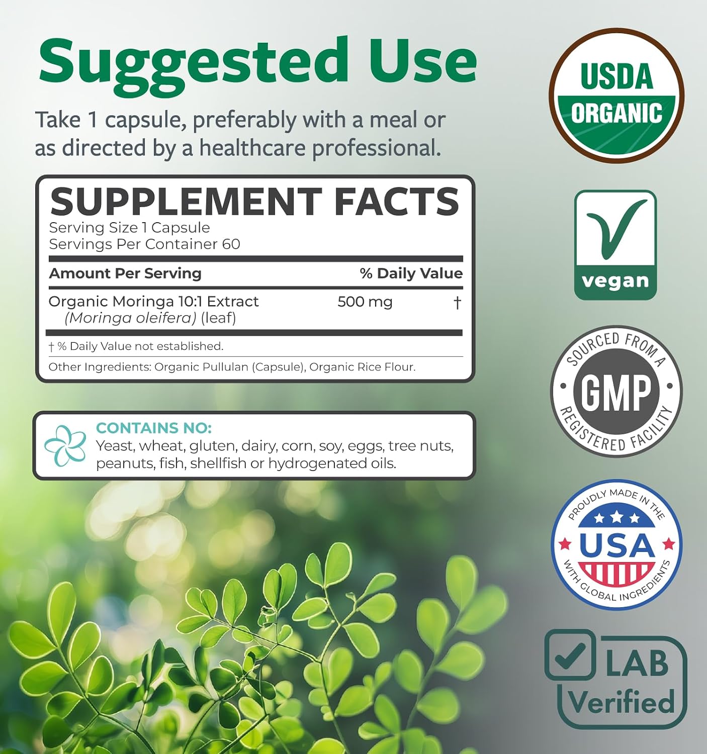 USDA Organic Moringa Capsules - High Potency Organic Moringa 500mg Extract 10:1 Per 1 Capsule Serving - Nutrient Dense Green Superfood Antioxidant - Vegan & Non-GMO Moringa (2 Month Supply) - PrimeBioHealth - canada supplements