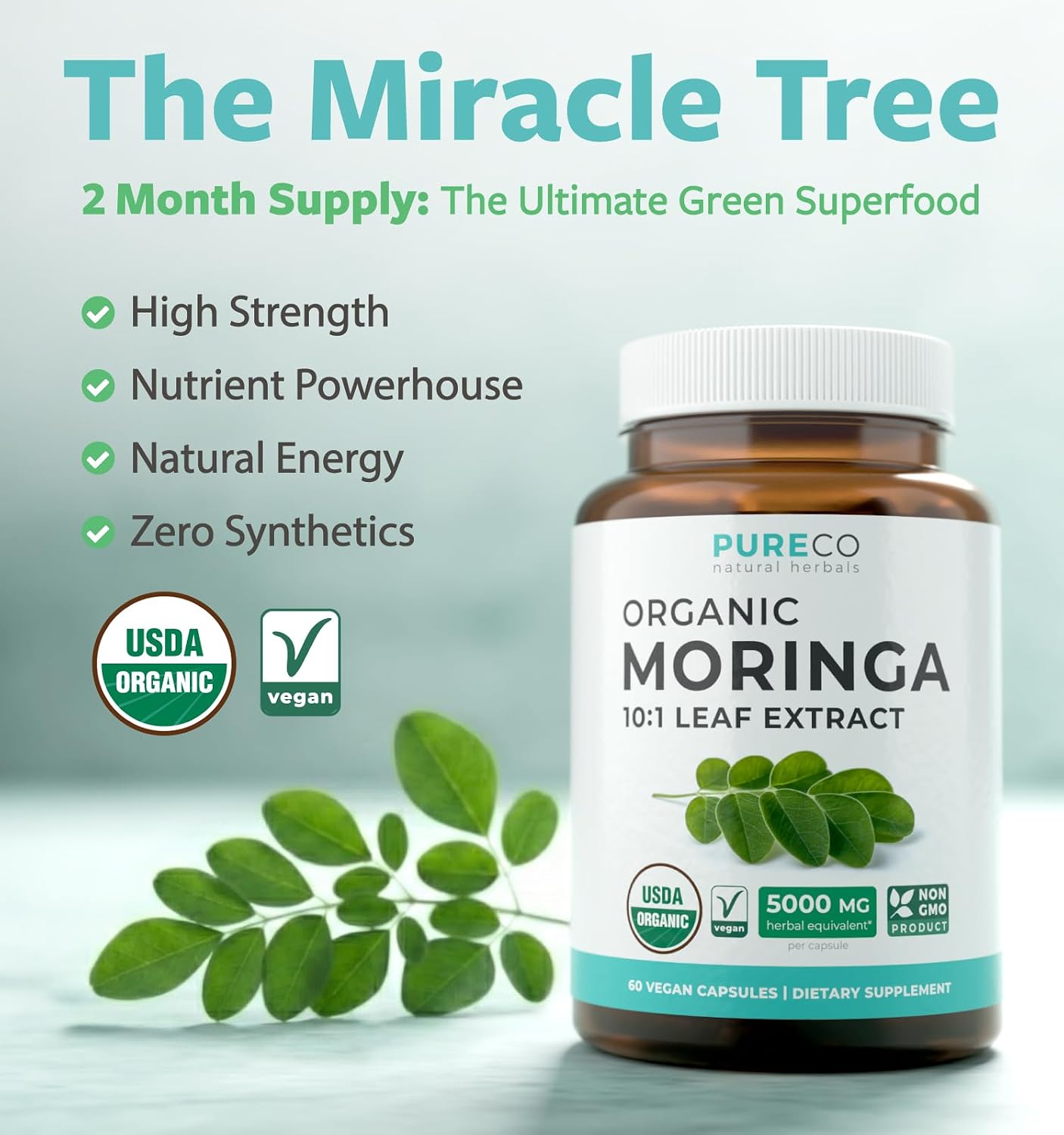 USDA Organic Moringa Capsules - High Potency Organic Moringa 500mg Extract 10:1 Per 1 Capsule Serving - Nutrient Dense Green Superfood Antioxidant - Vegan & Non-GMO Moringa (2 Month Supply) - PrimeBioHealth - canada supplements