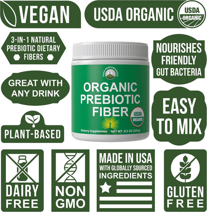 USDA Organic Prebiotic Fiber 3-in-1 Vegan Powder for Gut Health - Raw Whole Food Plant Based Prebiotics Digestive Supplement with Inulin (Jerusalem Artichoke), Acacia Fibers, SunFiber 240g - PrimeBioHealth - canada supplements