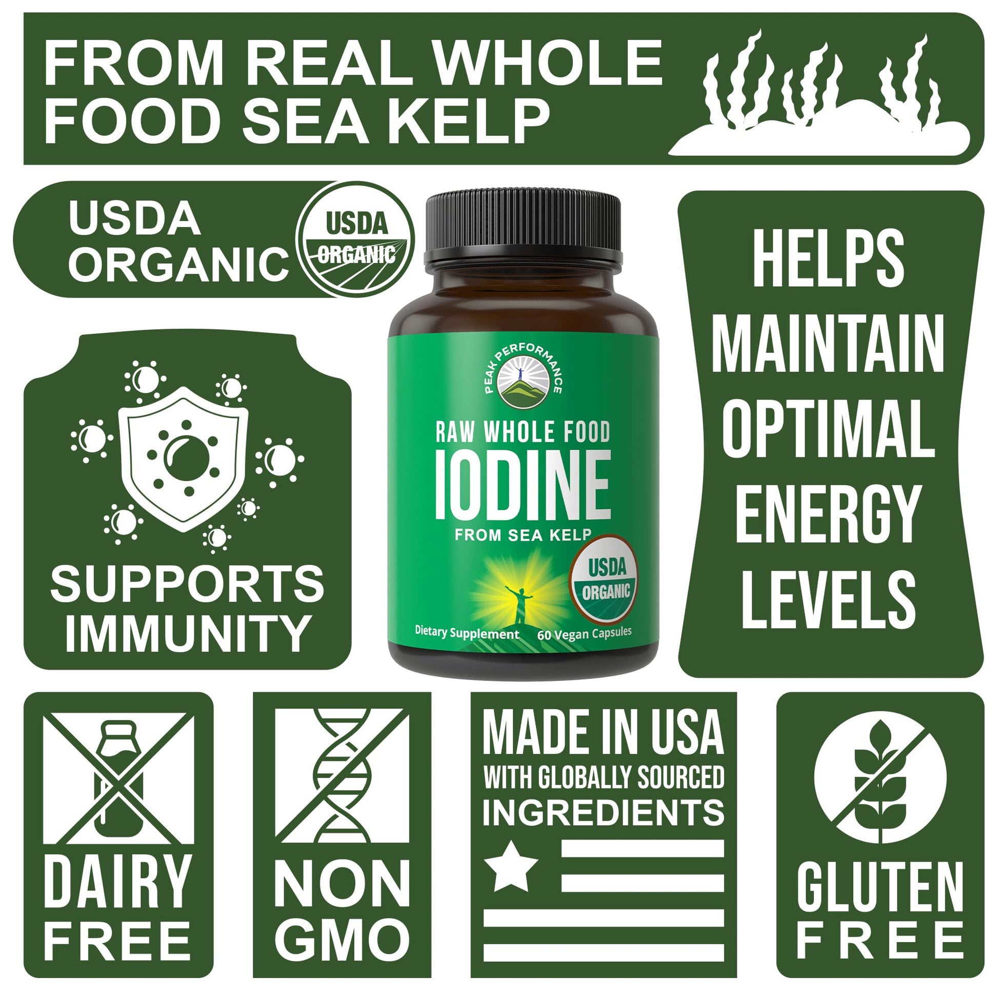 USDA Organic Raw Whole Food Iodine Supplement from Kelp (Ascophyllum Nodosum) - Potassium Iodide Tablets Alternative - for Thyroid, Energy, and Immune Support - 60 Vegan Capsules by Peak Performance - PrimeBioHealth - canada supplements