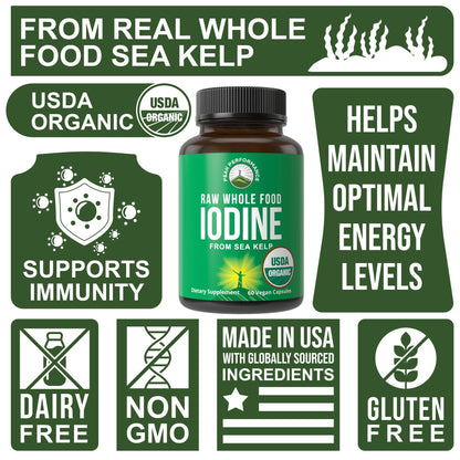 USDA Organic Raw Whole Food Iodine Supplement from Kelp (Ascophyllum Nodosum) - Potassium Iodide Tablets Alternative - for Thyroid, Energy, and Immune Support - 60 Vegan Capsules by Peak Performance - PrimeBioHealth - canada supplements