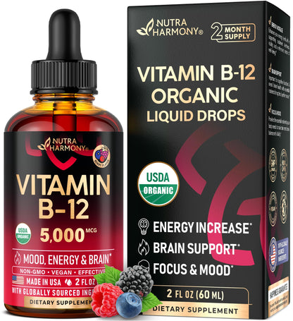 USDA Organic Vitamin B12 Sublingual Drops - 5000 mcg Liquid Vegan Methylcobalamin for Women & Men - Energy Boost, Focus & Mood, Brain Health Support - PrimeBioHealth - canada supplements