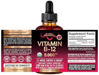 USDA Organic Vitamin B12 Sublingual Drops - 5000 mcg Liquid Vegan Methylcobalamin for Women & Men - Energy Boost, Focus & Mood, Brain Health Support - PrimeBioHealth - canada supplements