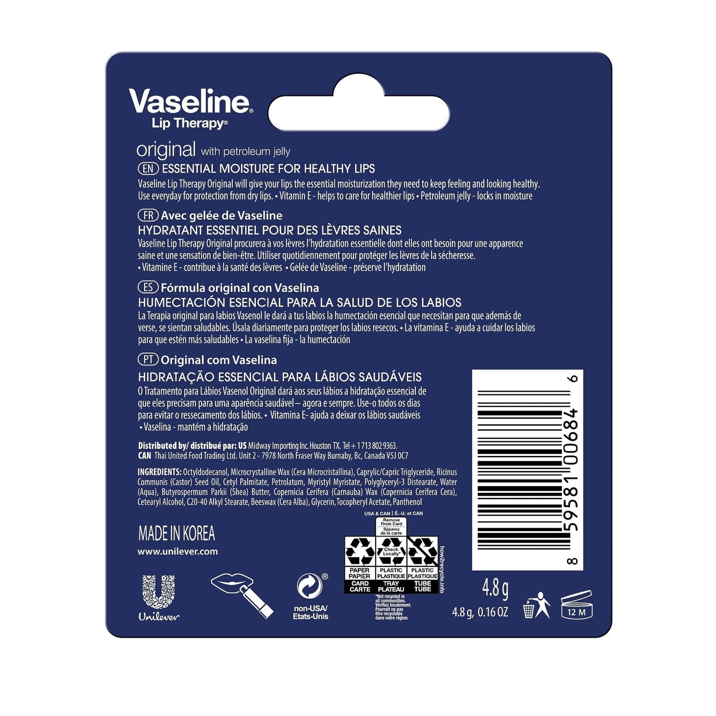 Vaseline Lip Therapy Care Original, Fast-Acting Nourishment, Ideal for Chapped, Dry, Cracked, or Damaged Lips - PrimeBioHealth - canada supplements