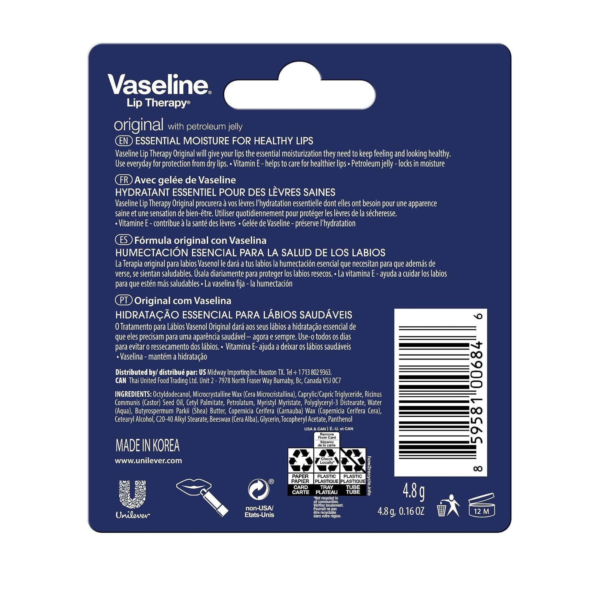 Vaseline Lip Therapy Care Original, Fast-Acting Nourishment, Ideal for Chapped, Dry, Cracked, or Damaged Lips - PrimeBioHealth - canada supplements