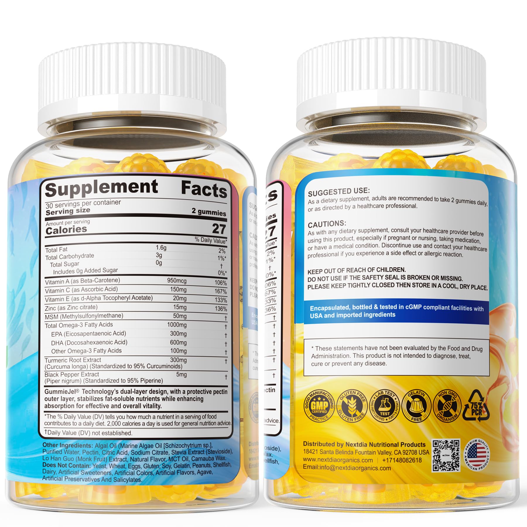 Vegan Omega-3 Gummies 1000mg + Turmeric - Omega 3 Fish Oil Alternative for Adults - Algae DHA 600mg & EPA 300mg - PrimeBioHealth - canada supplements