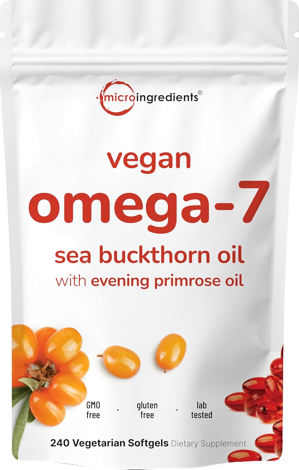 Vegan Omega-7 Sea Buckthorn Oil, 240 Vegetarian Softgels | 2-in-1 with Evening Primrose Oil | Plant Based Botanical Oil Blend | Non-GMO, Gluten, & Carrageenan Free - PrimeBioHealth - canada supplements