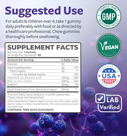 Vegan Sambucus Elderberry Gummies for Adults - Black Elderberry Vitamin C and Zinc Gummies for Daily and Seasonal Wellness - Delicious and Nutritious Immune Support Gummy (1 Month Supply) - PrimeBioHealth - canada supplements
