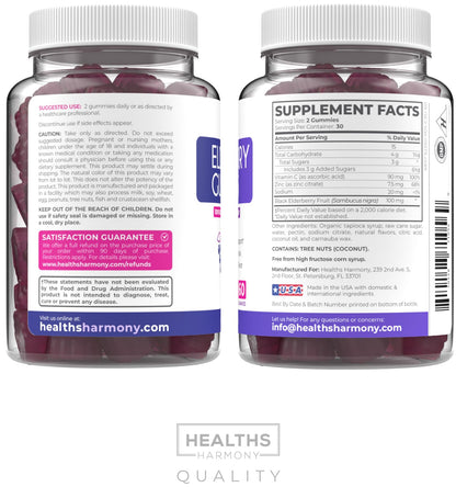 Vegan Sambucus Elderberry Gummies for Adults - Black Elderberry Vitamin C and Zinc Gummies for Daily and Seasonal Wellness - Delicious and Nutritious Immune Support Gummy (1 Month Supply) - PrimeBioHealth - canada supplements