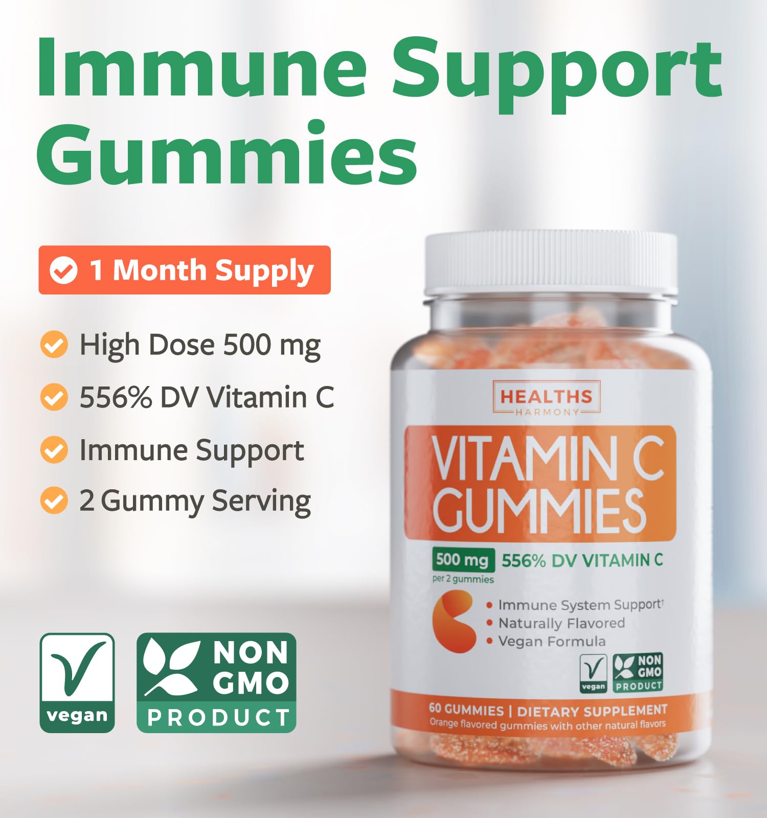 Vegan Vitamin C Gummies for Adults - Immune Support Gummies with Chewable Vitamin C 500mg per Serving for Daily and Seasonal Wellness - High Potency Non-GMO Formula - Orange Flavor (1 Month Supply) - PrimeBioHealth - canada supplements