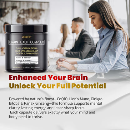 VEGATOT Brain Booster Brain Health Complex Supplement Concentrated with CoQ-10 VIT B6 Lion's Mane Ginkgo Biloba Lemon Balm Ginseng - PrimeBioHealth - canada supplements