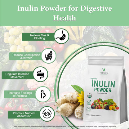 VELOTO Organic Inulin Powder – Prebiotic Fiber Supplement for Smoothies & Drinks, 2.2 lb, Flavorless, Water Soluble, Vegan & Non-GMO - PrimeBioHealth - canada supplements