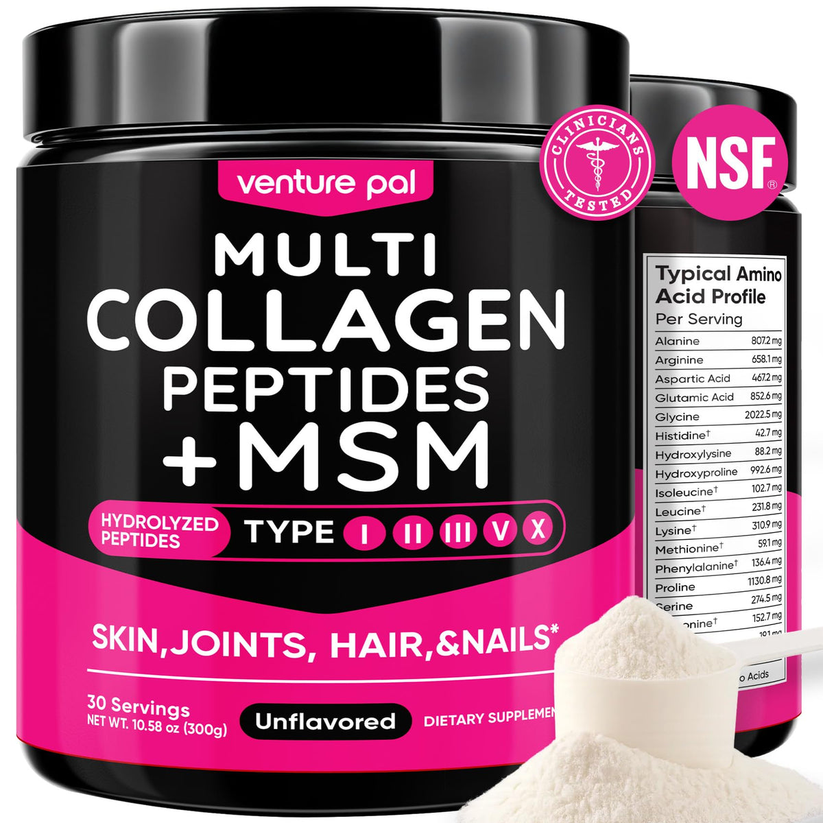 Venture Pal Multi Collagen Powder Type I, II, III, V, X – Hydrolyzed Collagen Peptides MSM, GC, Hyaluronic Acid Vitamin C | Collagen Supplement for Women - PrimeBioHealth - canada supplements