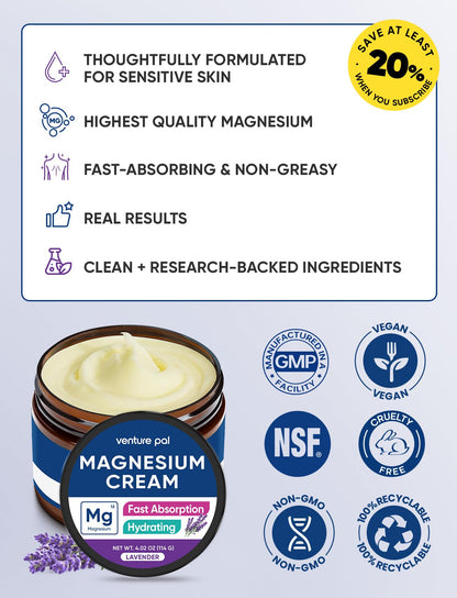 Venture Pal Topical Magnesium Cream, Fast-Absorbing Magnesium Moisturizing Lotion with Coconut Oil - PrimeBioHealth - canada supplements