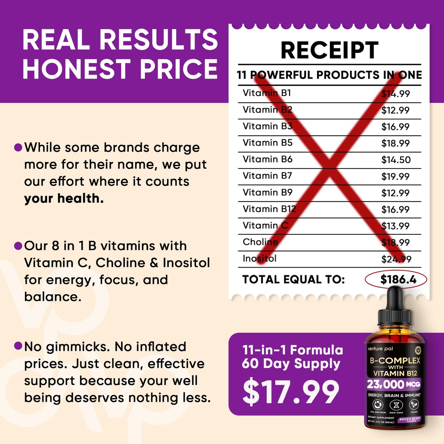 Venture Pal Vitamin B Complex Liquid Drops, B12 Methylcobalamin | B9 Folic | B1,B2,B3,B5,B6,B16 - Vitamin C, Choline, Inositol - PrimeBioHealth - canada supplements