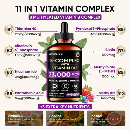 Venture Pal Vitamin B Complex Liquid Drops, B12 Methylcobalamin | B9 Folic | B1,B2,B3,B5,B6,B16 - Vitamin C, Choline, Inositol - PrimeBioHealth - canada supplements