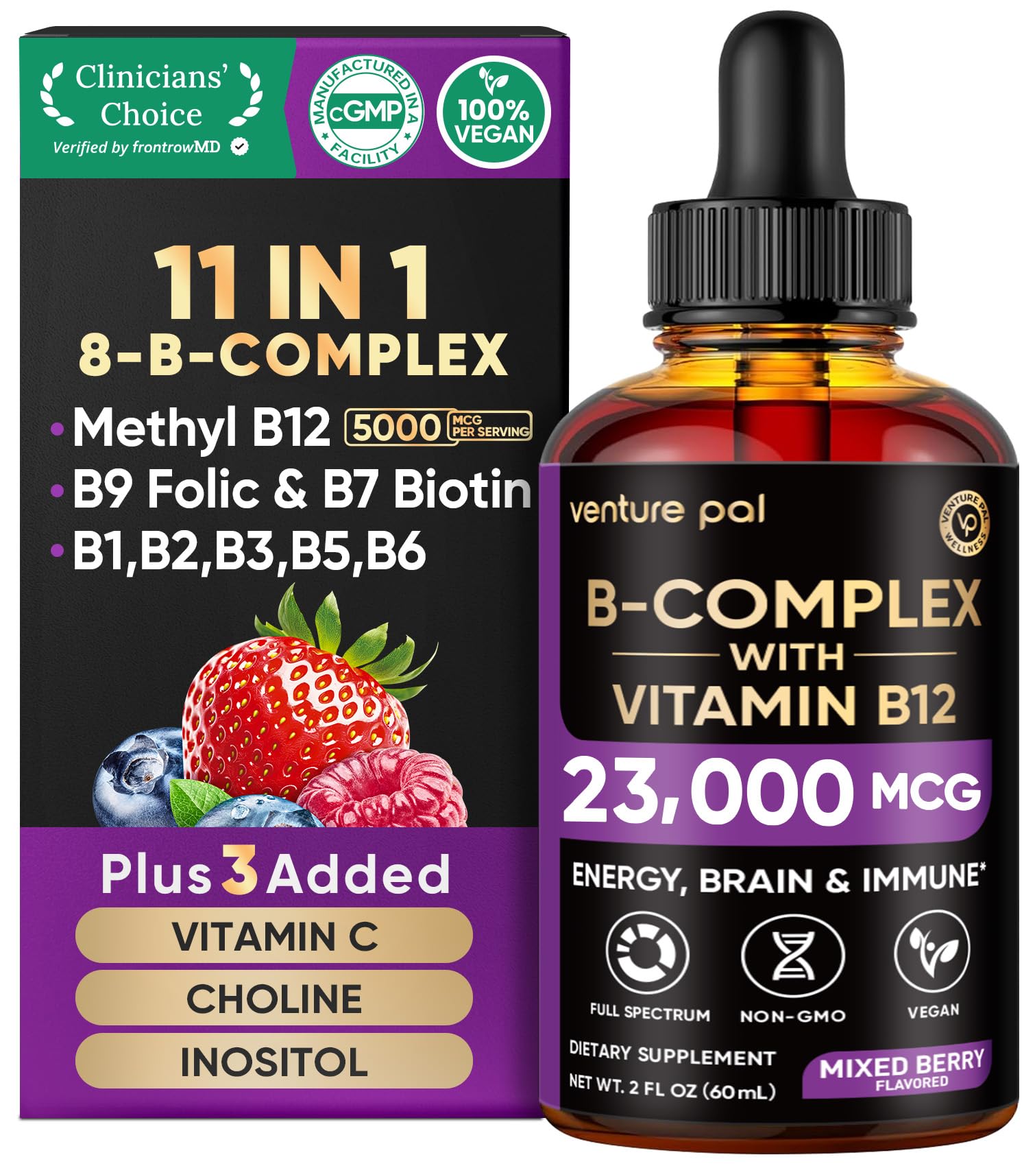 Venture Pal Vitamin B Complex Liquid Drops, B12 Methylcobalamin | B9 Folic | B1,B2,B3,B5,B6,B16 - Vitamin C, Choline, Inositol - PrimeBioHealth - canada supplements