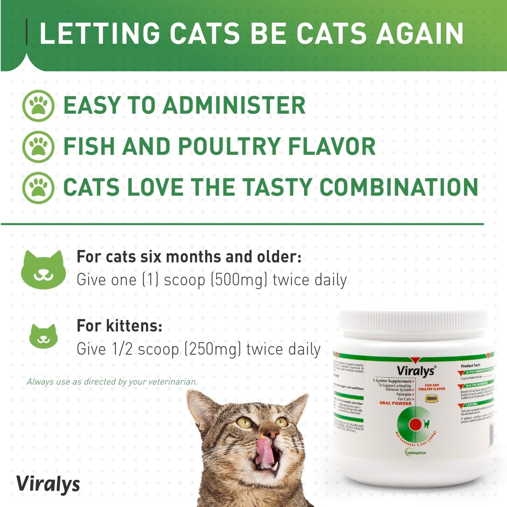 Vetoquinol Viralys Daily L-Lysine Powder for Cats and Kittens, Fish Flavored Lysine Supplement for Cats and Kittens to Support Immune Health - PrimeBioHealth - canada supplements