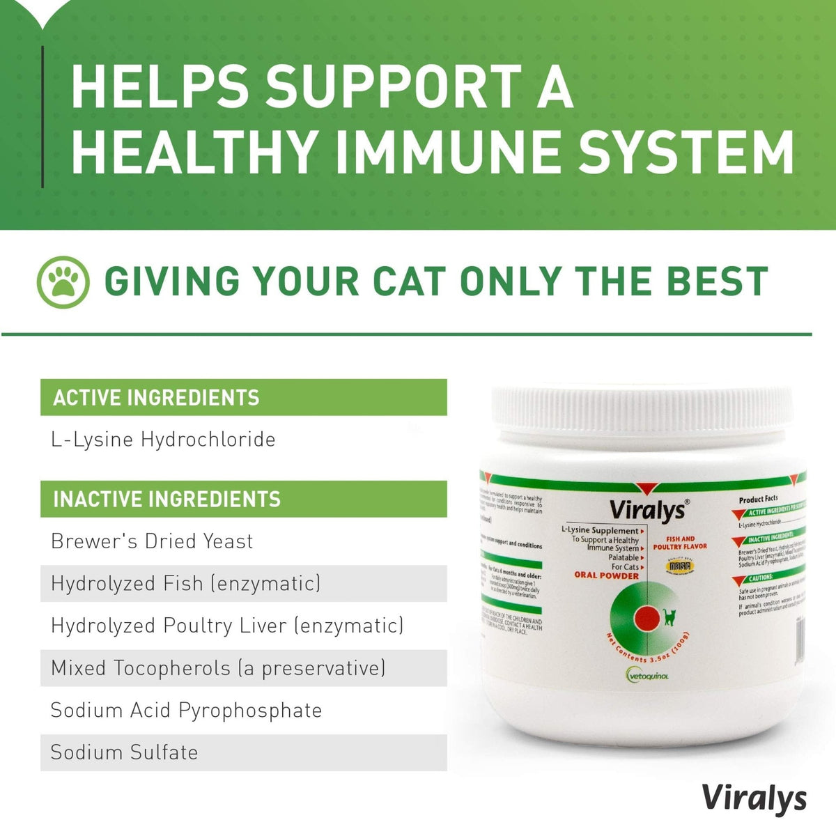 Vetoquinol Viralys Daily L-Lysine Powder for Cats and Kittens, Fish Flavored Lysine Supplement for Cats and Kittens to Support Immune Health - PrimeBioHealth - canada supplements