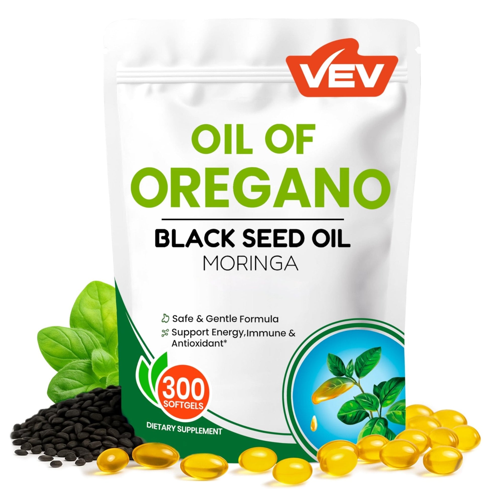 VEV Oil of Oregano with Black Seed Oil & Moringa, Organic, 300 Softgels, Aceite de Orégano, Carvacrol-Rich, Opaque Airtight Packaging - PrimeBioHealth - canada supplements