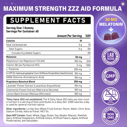 Veyttisy Melatonin 30mg Gummies for Adults - Sugar Free Melatonin Gummies Maximum Strength with Magnesium, B6, GABA & Botanical Blend - Non-Habit Forming,Vegan - PrimeBioHealth - canada supplements