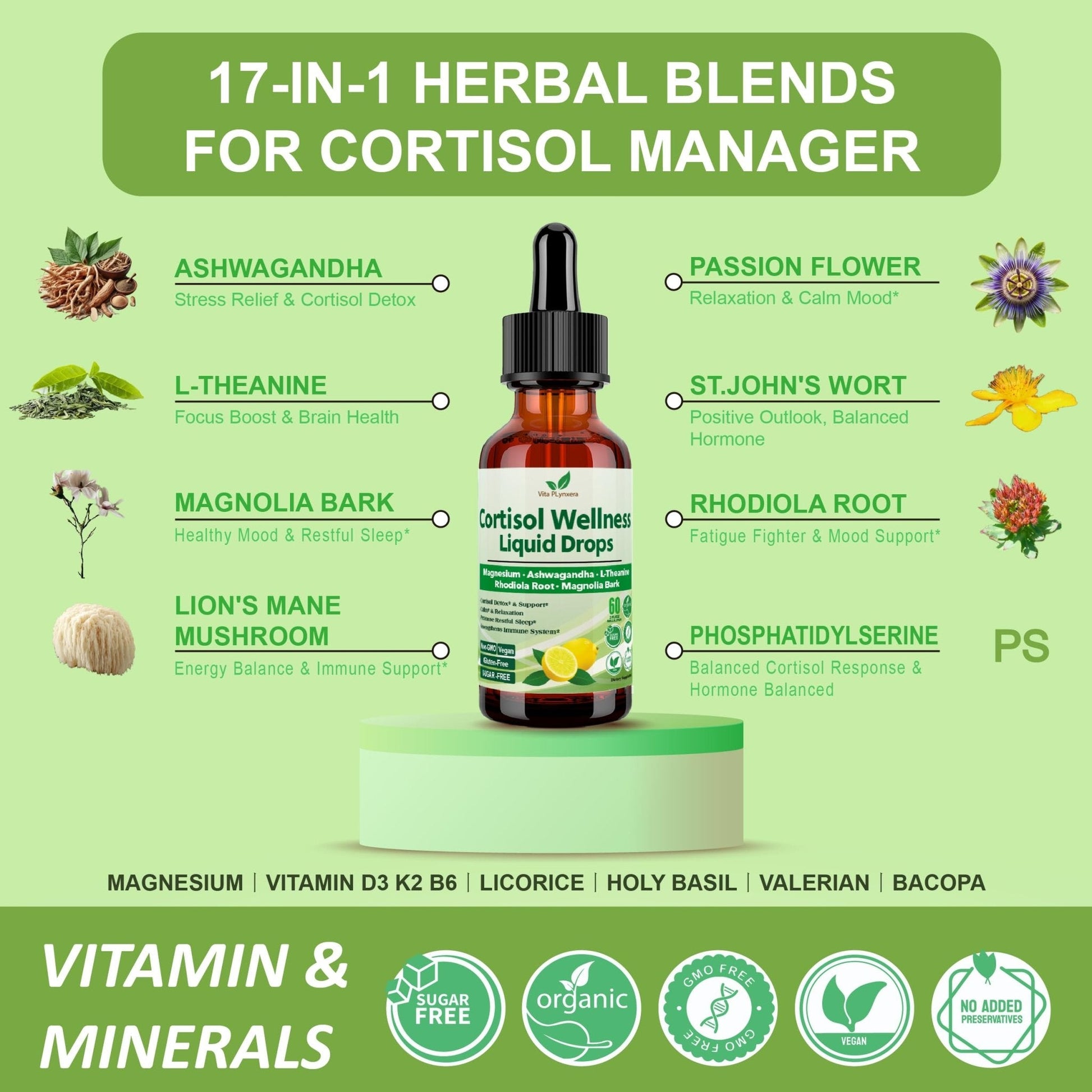 Vita PLynxera Cortisol Supplement Liquid Drops, 17-in-1 Cortisol Detox w. Magnesium Glycinate 400mg Ashwagandha, L-Theanine, Phosphatidylserine, Hormone Balanced - PrimeBioHealth - canada supplements