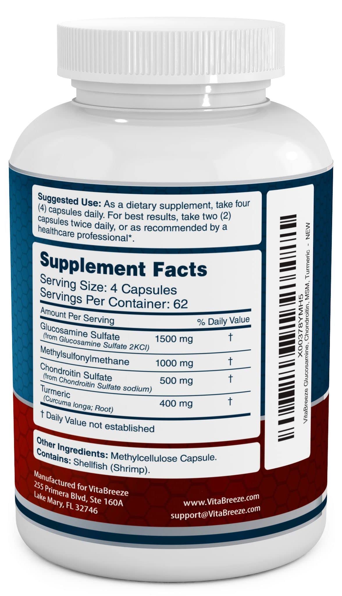 VitaBreeze Glucosamine Chondroitin, MSM & Turmeric Dietary Supplement - 248 Capsules - PrimeBioHealth - canada supplements