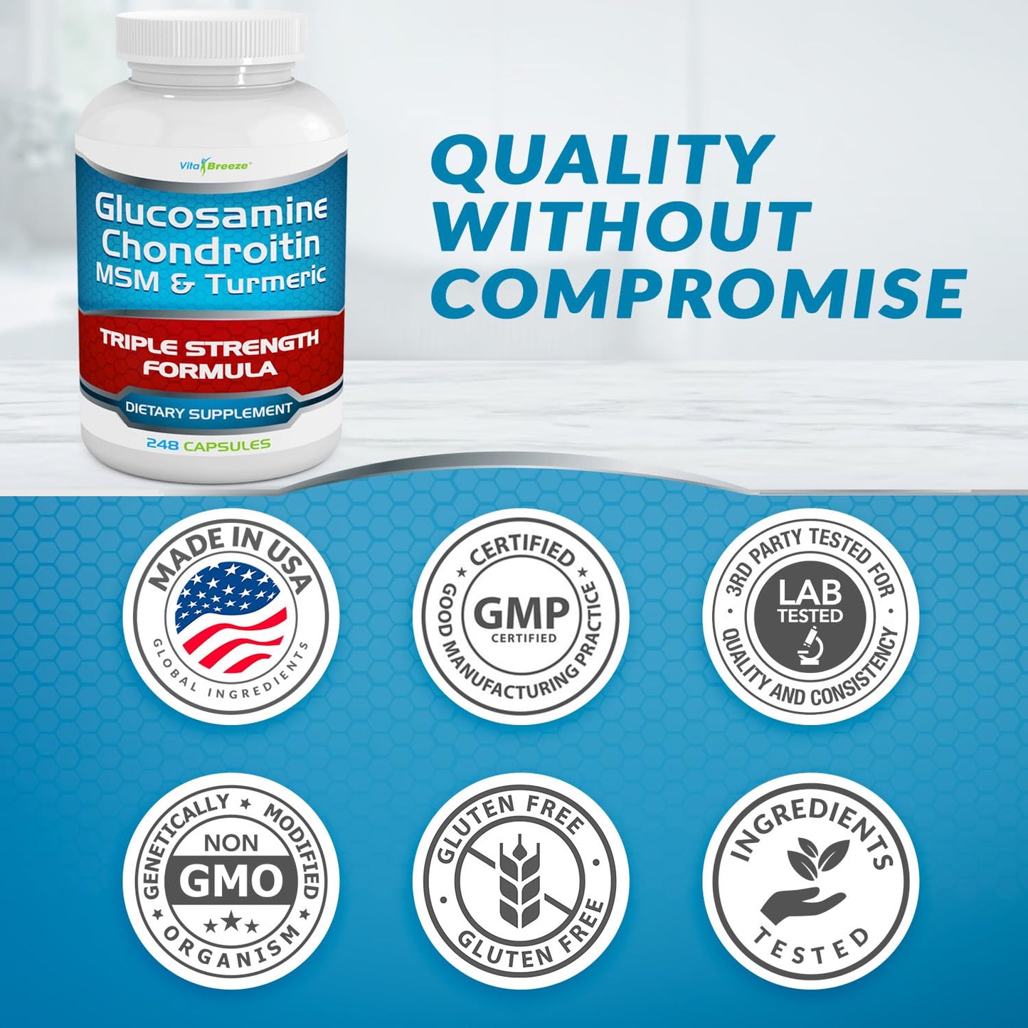 VitaBreeze Glucosamine Chondroitin, MSM & Turmeric Dietary Supplement - 248 Capsules - PrimeBioHealth - canada supplements